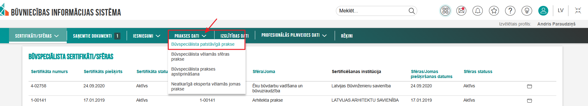 Attēls. Patstāvīgās prakses datu formas izvēle.