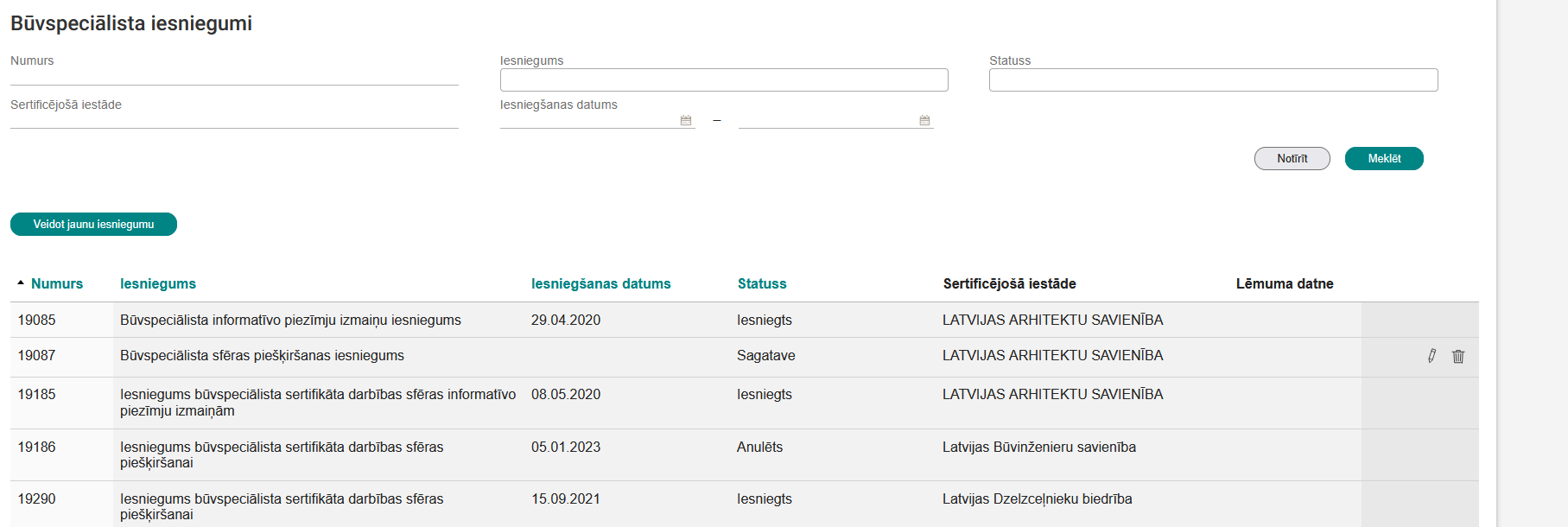 Attēls. Būvspeciālista iesniegumu saraksts.