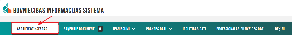 Attēls. Speciālista sertifikātu un sfēru saraksta atvēršana.
