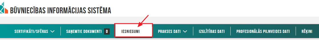 Attēls. Būvspeciālista iesniegumu saraksta atvēršana.