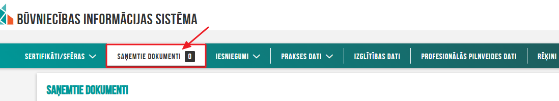 Attēls. Speciālista saņemto dokumentu saraksta atvēršana.