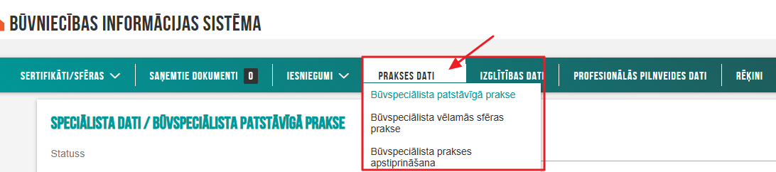 Attēls. Atvērt sadaļu Prakses dati.