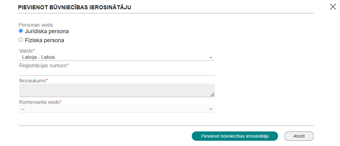 Attēls. Patstāvīgās prakses dati. Būviecības ierosinātāja norādīšana.