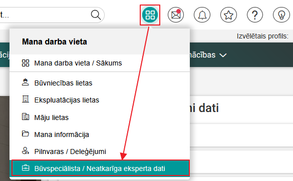 Attēls. Speciālista datu sadaļas atvēršana no galvenās izvēlnes.