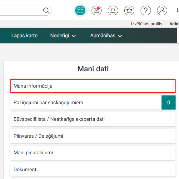 Attēls. Sadaļas %22Mana informācija%22 izvēle.