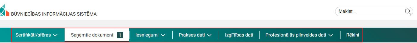 Attēls. Galvenā izvēlne Būvspeciālista / Neatkarīga eksperta darba vietā.