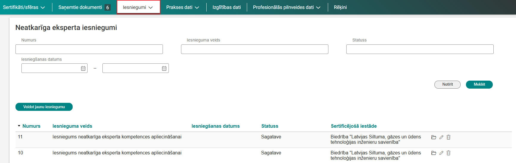 Attēls. Sadaļa %22Iesniegumi%22 - iesniegts iesniegums iesniegto dokumentu sarakstā.