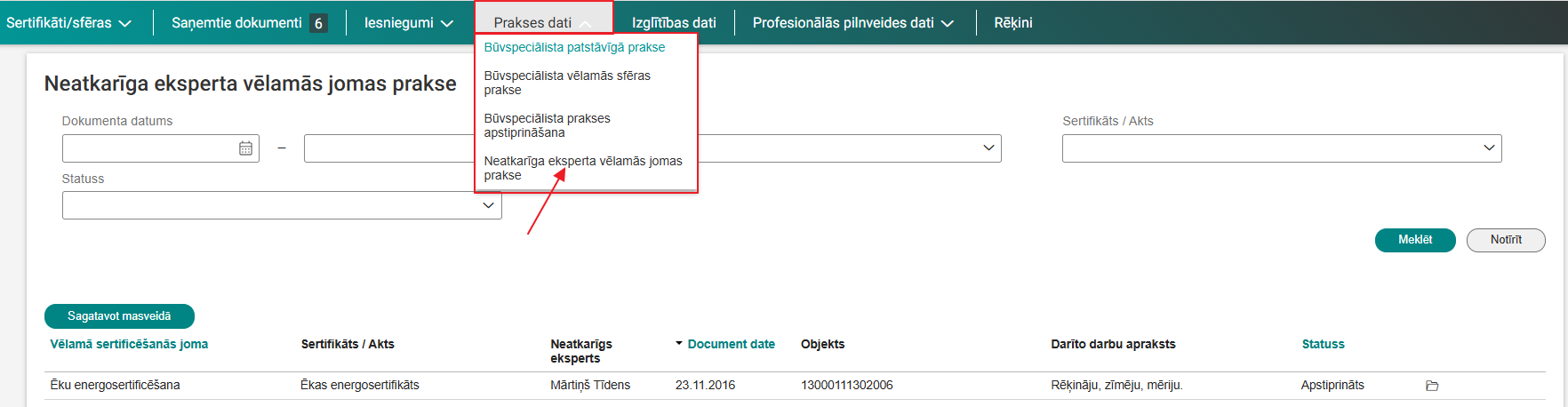 Attēls. Neatkarīga eksperta vēlamās jomas prakses saraksta atvēršana.