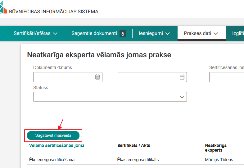 Attēls. Sagatavot vēlamās jomas prakses ierakstus masveidā.