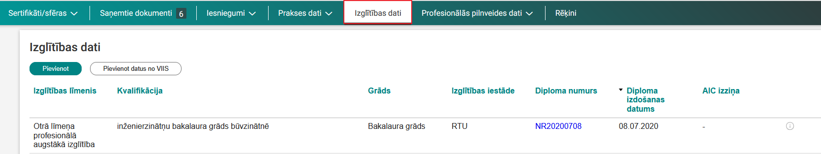 Attēls. Būvspeciālista / Neatkarīga eksperta izglītības datu saraksta atvēršana.