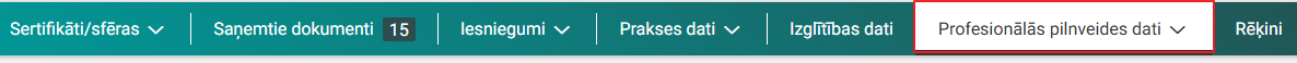 Attēls. Profesionāls pilnveides datu izvēlne.