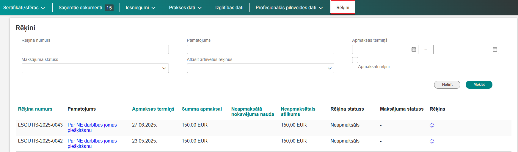 Attēls. Atvērt sadaļu %22Rēķini%22.