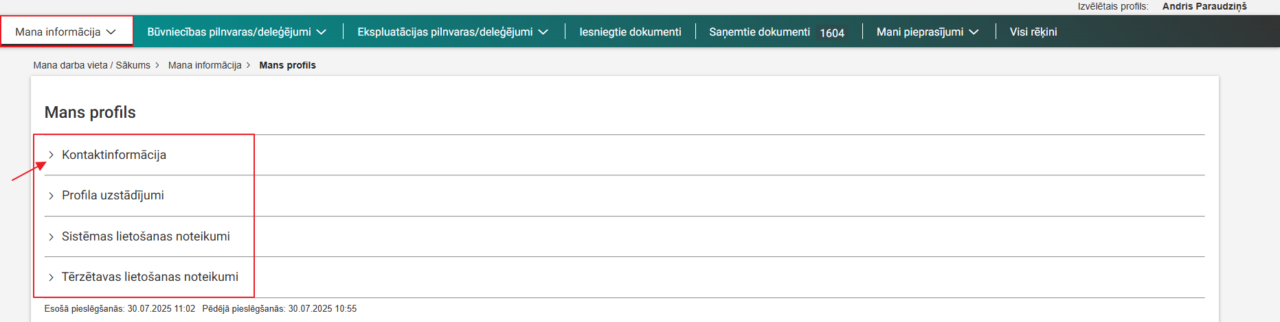 Attēls. Sadaļa %22Mana informācija%22.