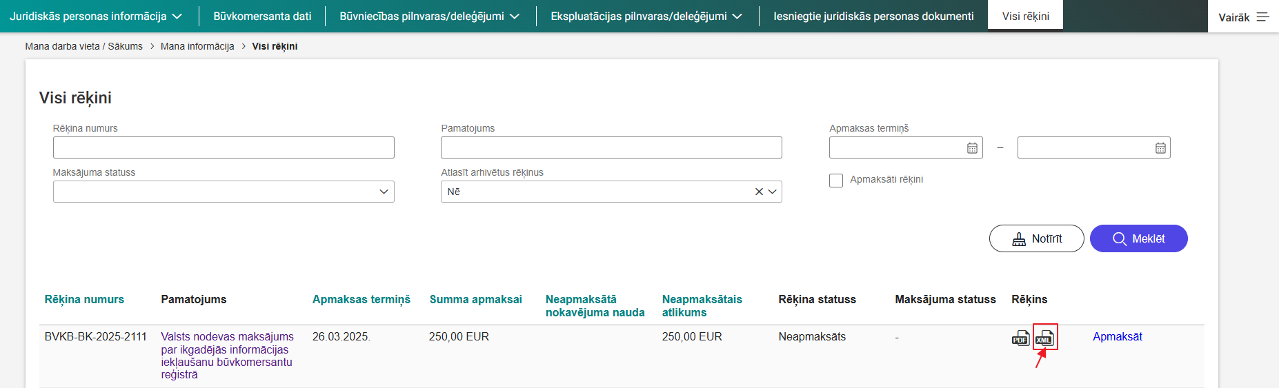 Attēls. Ikona rēķina XML datnes lejupielādei.