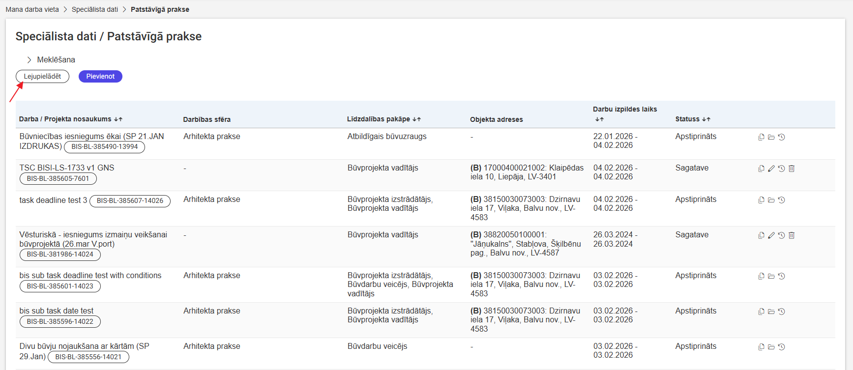 Attēls. Lejupielādēšanas poga Būvspeciālistu patstāvīgās prakses sarakstā.