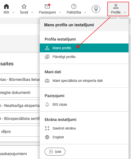 Attēls. Sadaļas %22Profils%22 izvēle.