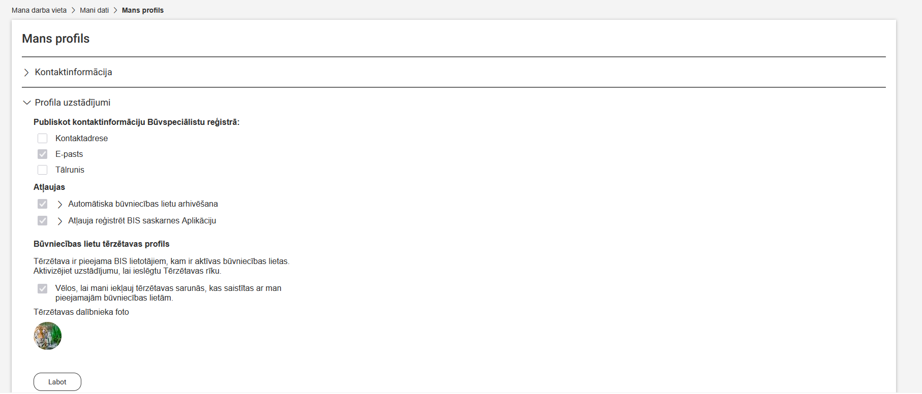 Attēls. Profila uzstādījumi.
