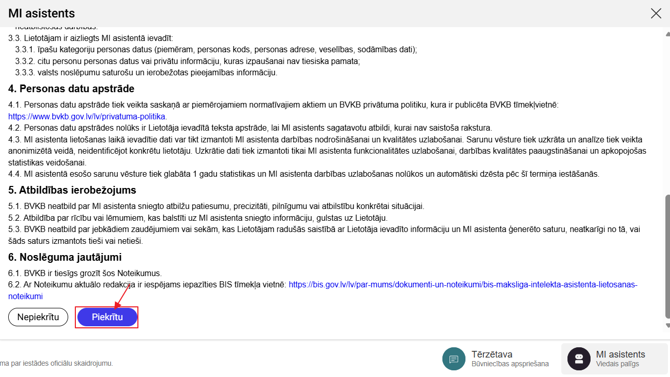 Attēls. MI asistenta lietošanas noteikumi.