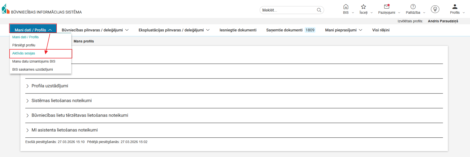 Attēls. Aktīvās sesijas.