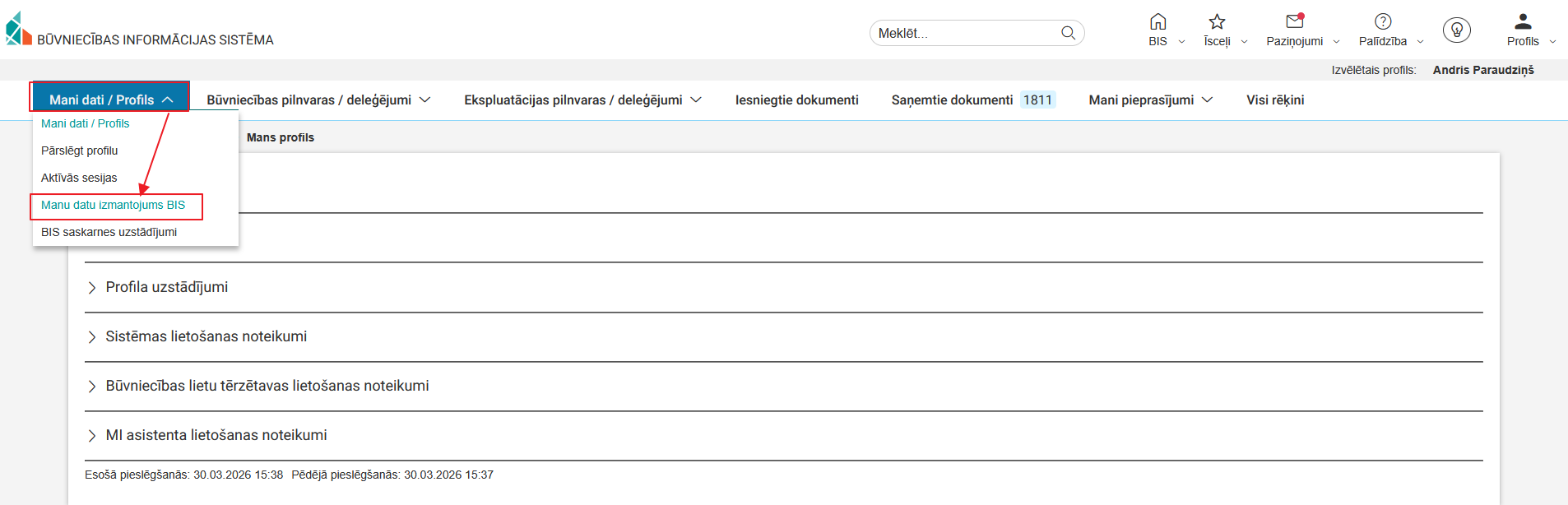 Attēls. Atvērt sadaļu %22Manu datu izmantojums BIS%22.