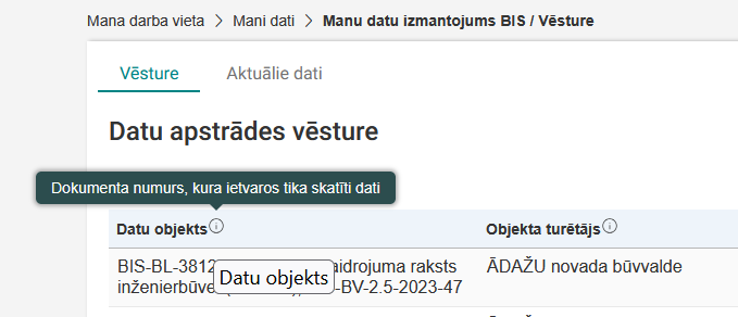 Attēls. Manu datu izmantojums BIS/Datu apstrādes vēsture - informatīva paskaidre pie kolonnas %22Datu objekts%22.