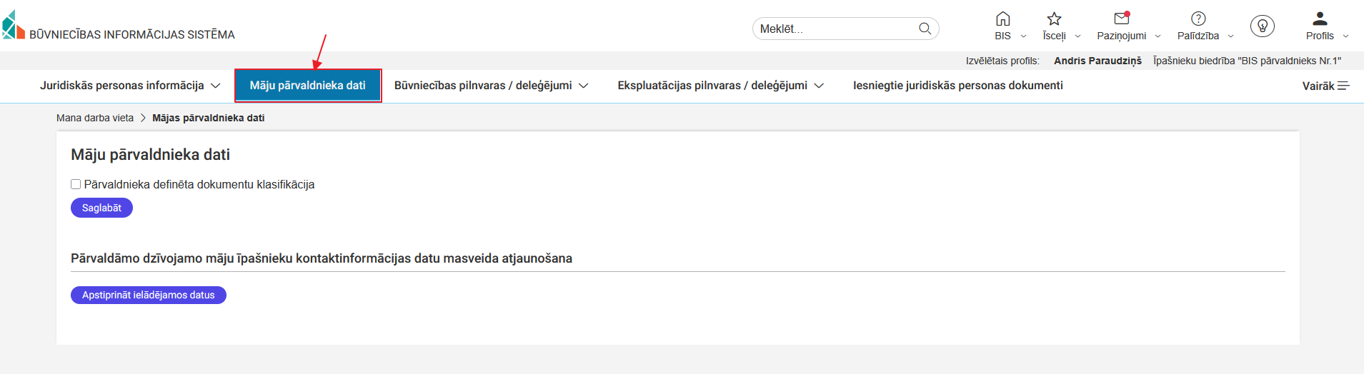 Attēls. Atvērt sadaļu %22Māju pārvaldnieka dati%22.
