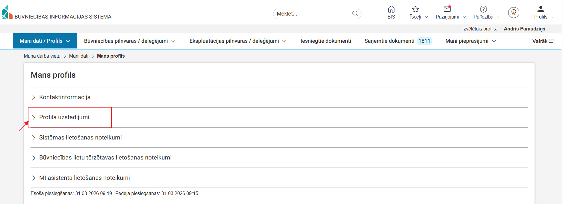 Attēls. Atvērt sadaļu %22Profila uzstādījumi%22.