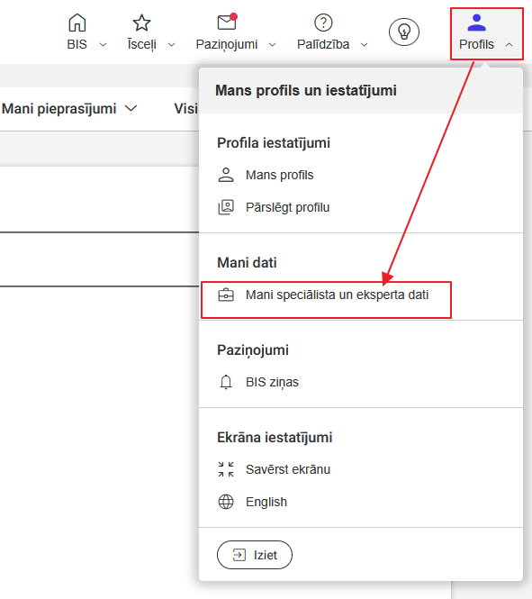 Attēls. Atvērt sadaļu %22Mani speciālista un eksperta dati%22.