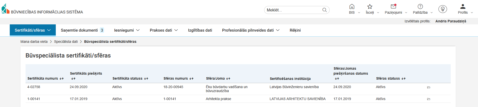 Attēls. Būvspeciālista sertifikātu/sfēru saraksts.
