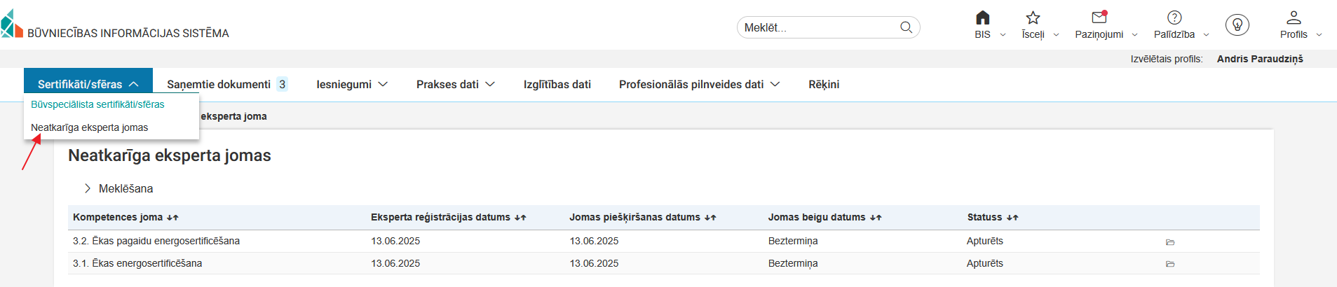 Attēls. Atvērt sadaļu %22Neatkarīga eksperta jomas%22.