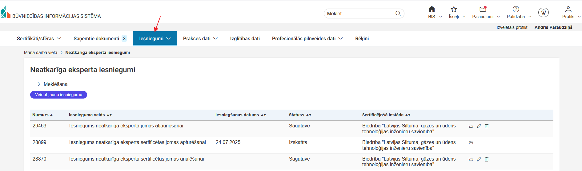 Attēls. Sadaļa Iesniegumi