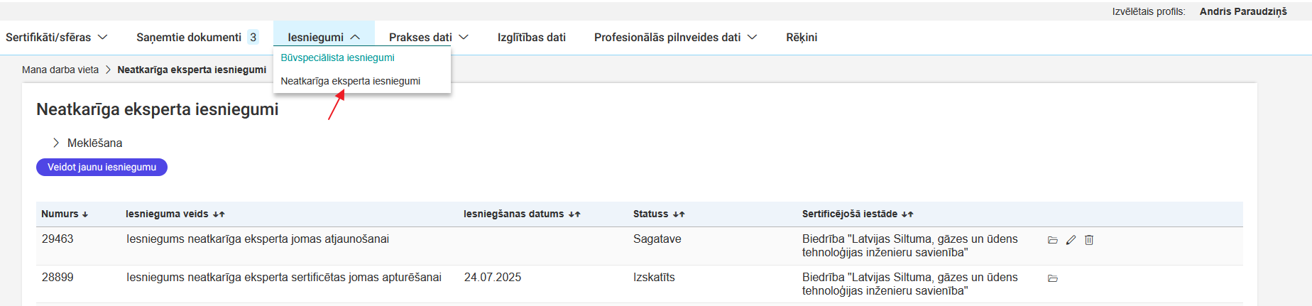 Attēls. Atvērt Neatkarīga eksperta iesniegumu sarakstu.