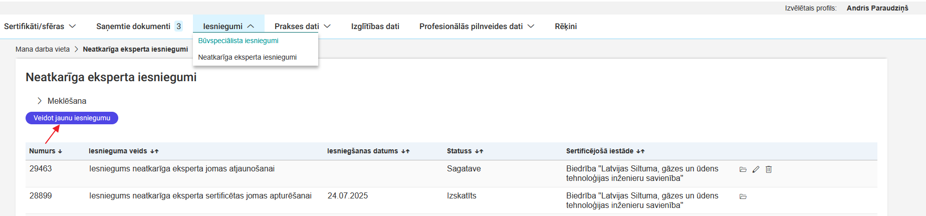 Attēls. Uzsākt veidot jaunu neatkarīgā eksperta iesniegumu.