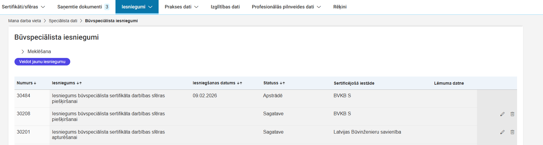 Attēls. Būvspeciālista iesniegumu saraksts.