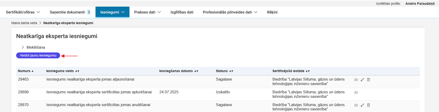 Attēls. Uzsākt veidot jaunu neatkarīgā eksperta iesniegumu.