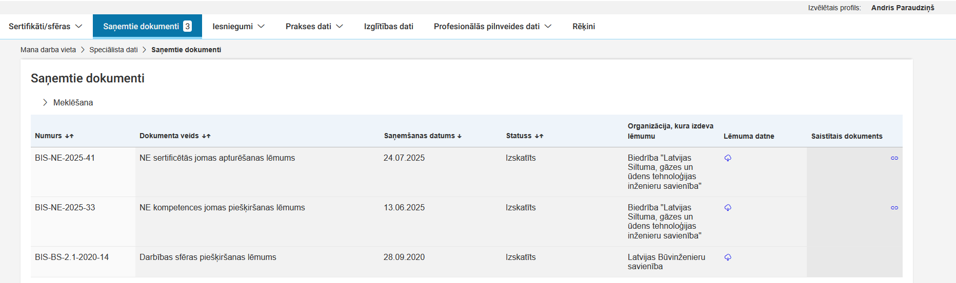 Attēls. Saņemto dokumentu saraksts.