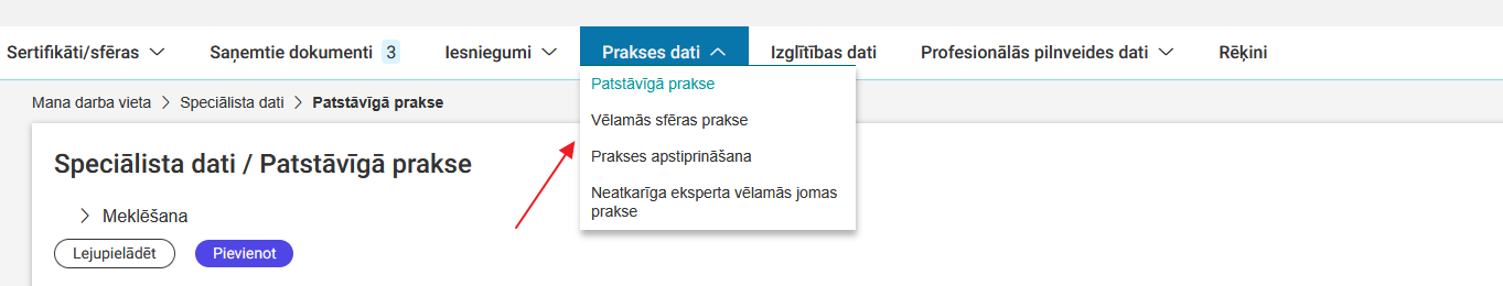 Attēls. Izvēlne - Prakses dati