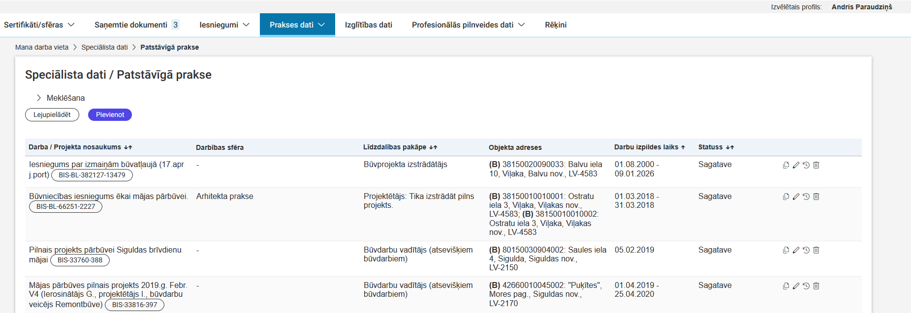 Attēls. Būvspeciālista patstāvīgās prakses saraksts.