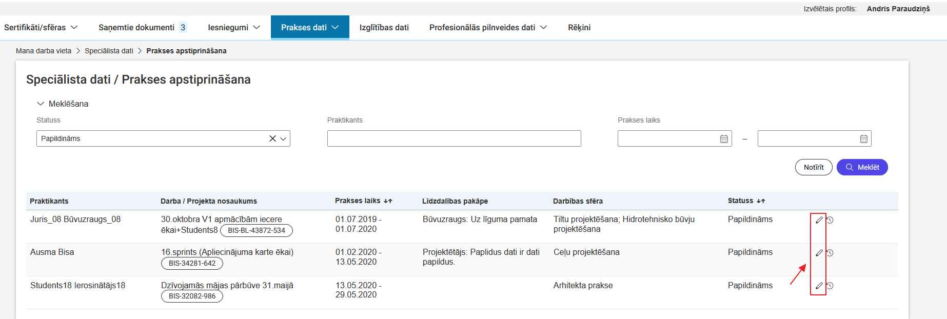 Attēls. Atvērt prakses apstiprināšanas ierakstu.