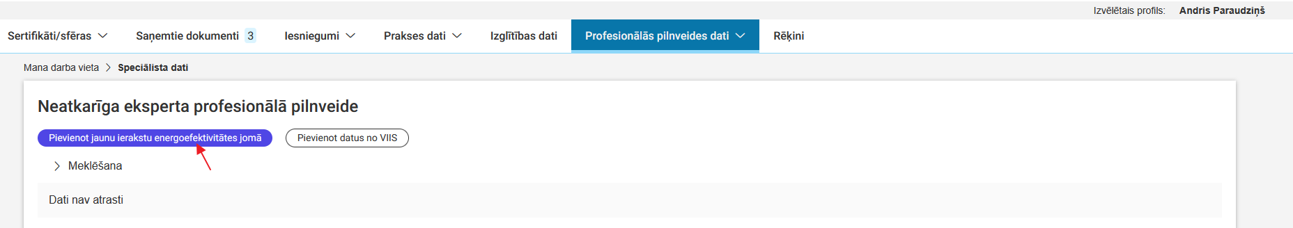 Attēls. Pievienot jaunu ierakstu energoefektivitātes jomā.
