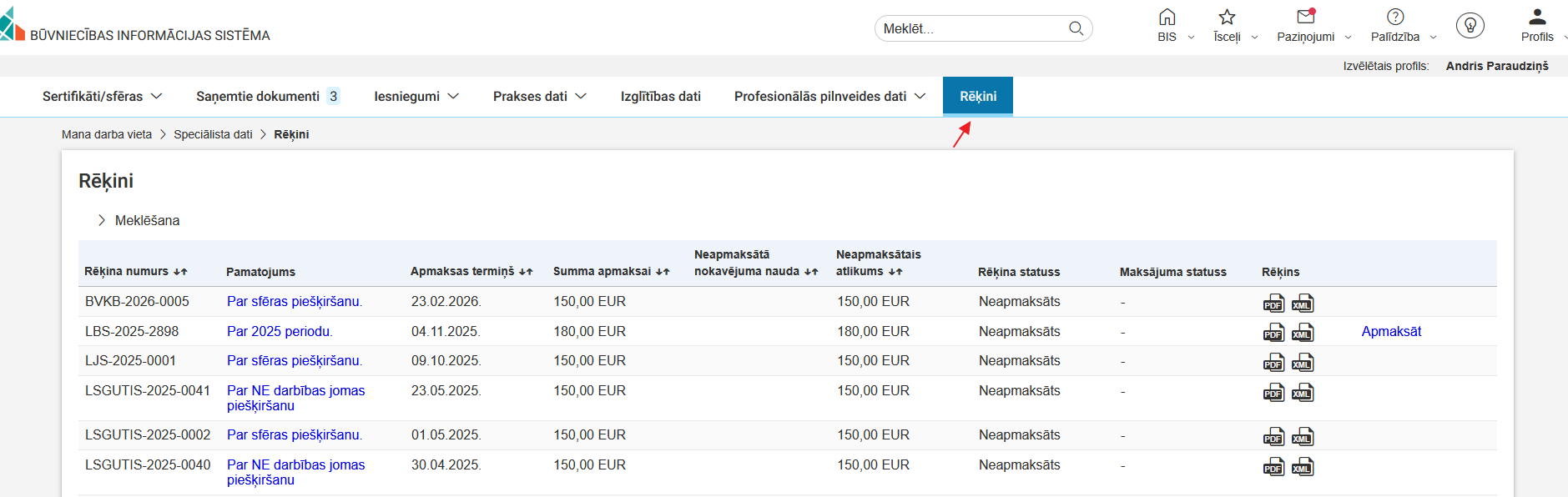 Attēls. Sadaļa %22Rēķini%22.