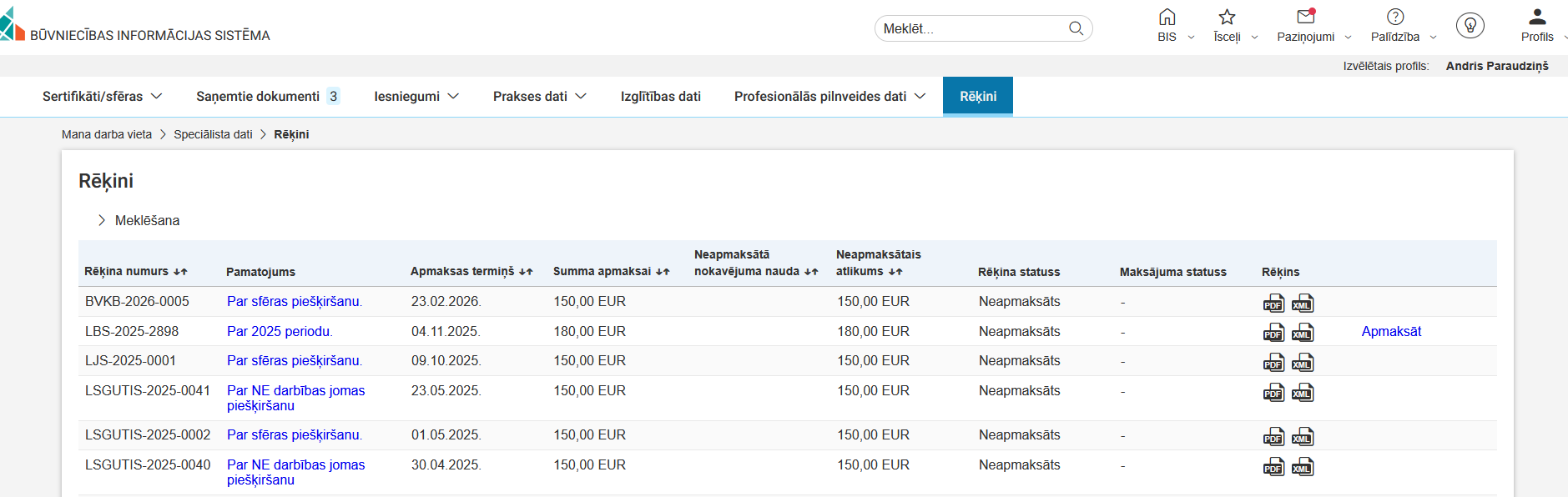 Attēls. Rēķinu saraksts.