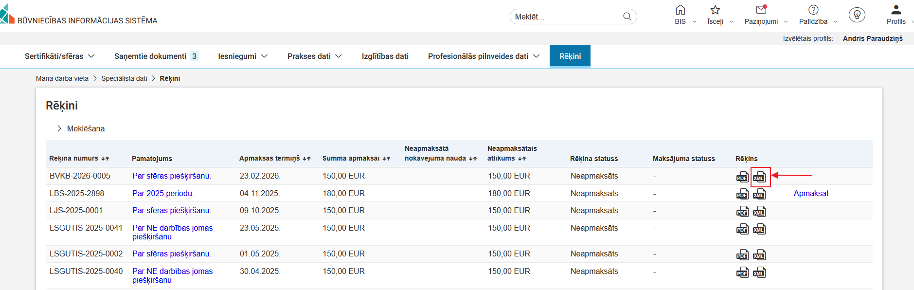 Attēls. Ikona rēķina XML datnes lejupielādei.