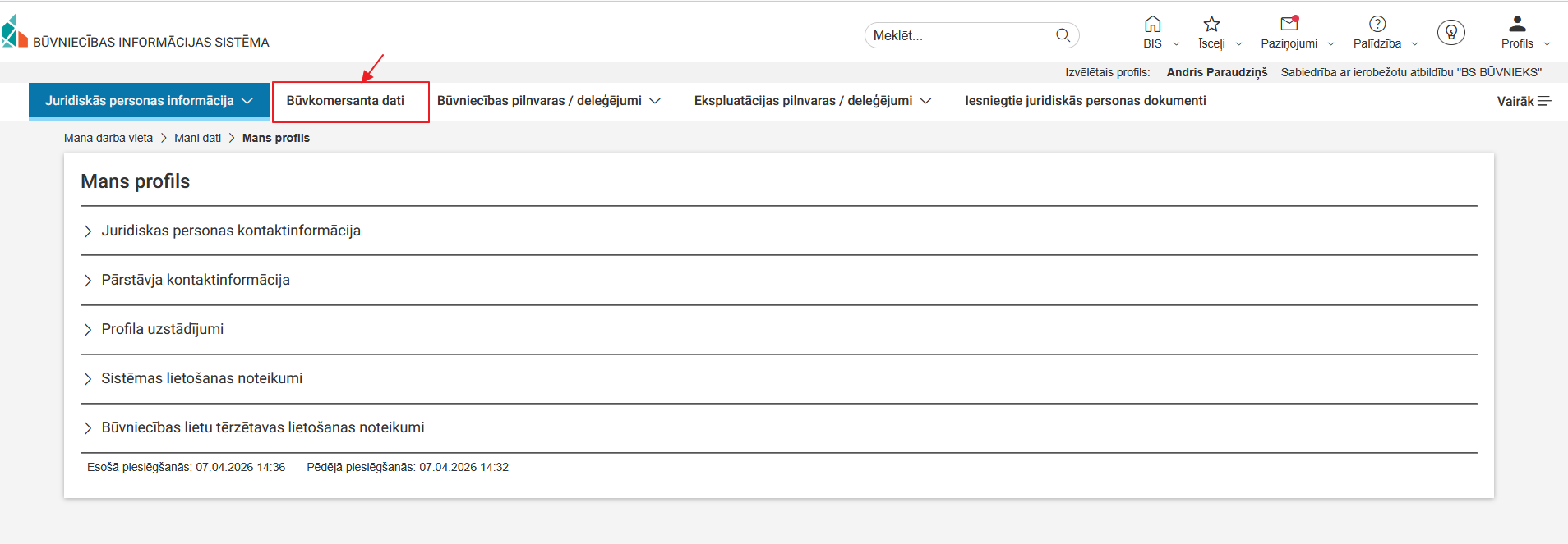 Attēls. Būvkomersanta datu atvēršana.