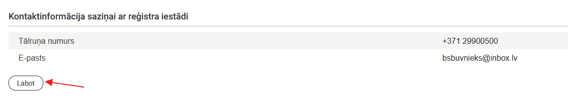 Attēls. Labot kontaktinformāciju saziņai ar reģistra iestādi.