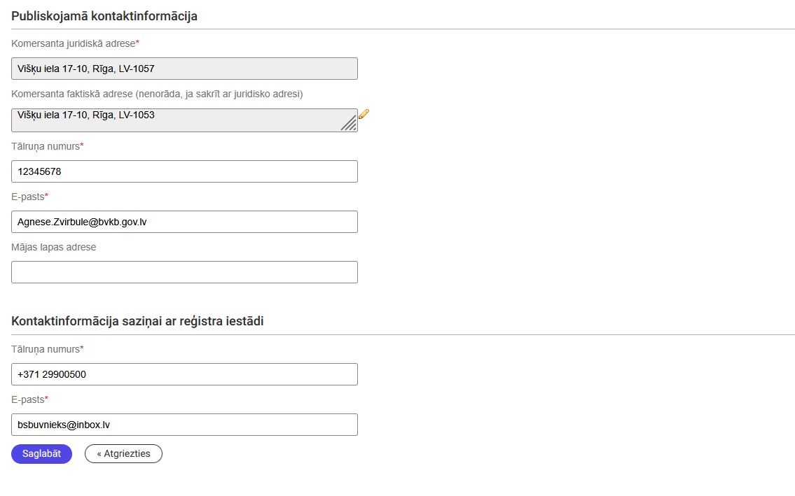Attēls. Labot kontaktinformāciju saziņai ar reģistra iestādi.