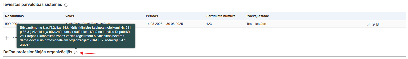 Attēls. Informatīvās ikonas atrādīšana būvuzņēmuma profila formā.
