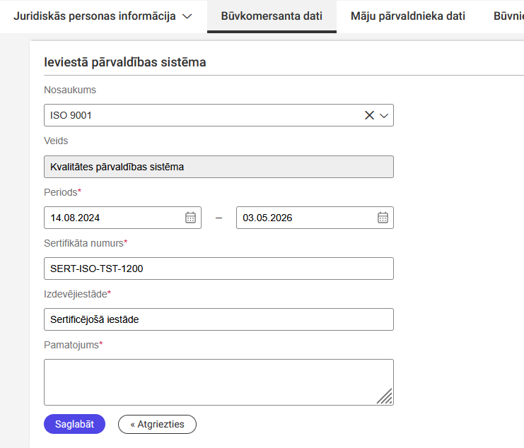 Attēls. Pārvaldības sistēmas ievades forma.