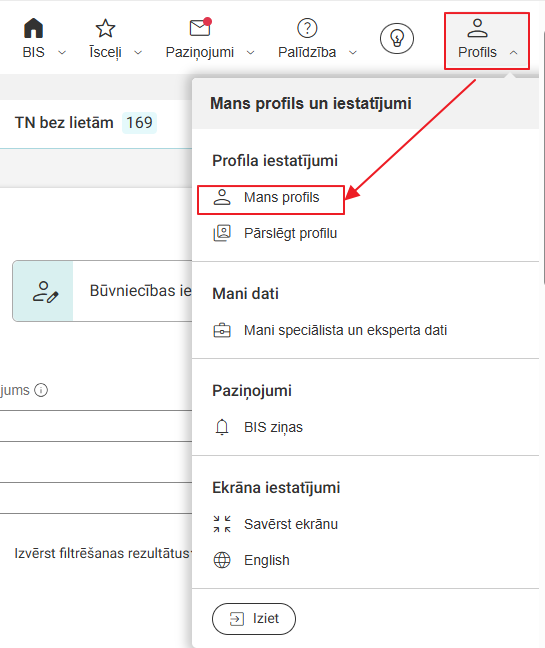 Attēls. Atvērt sadaļu %22Mans profils%22.