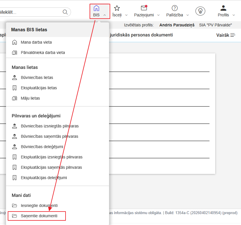 Attēls. Atvērt %22Saņemtie dokumenti%22 sadaļu.